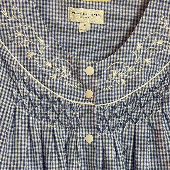 Miss Elaine Seersucker Short Midi Robe Navy Blue White Check Size 2X NEW $54 - Picture 14 of 16